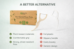 Eco-friendly dental floss picks with packaging and comparison chart on a light gray background