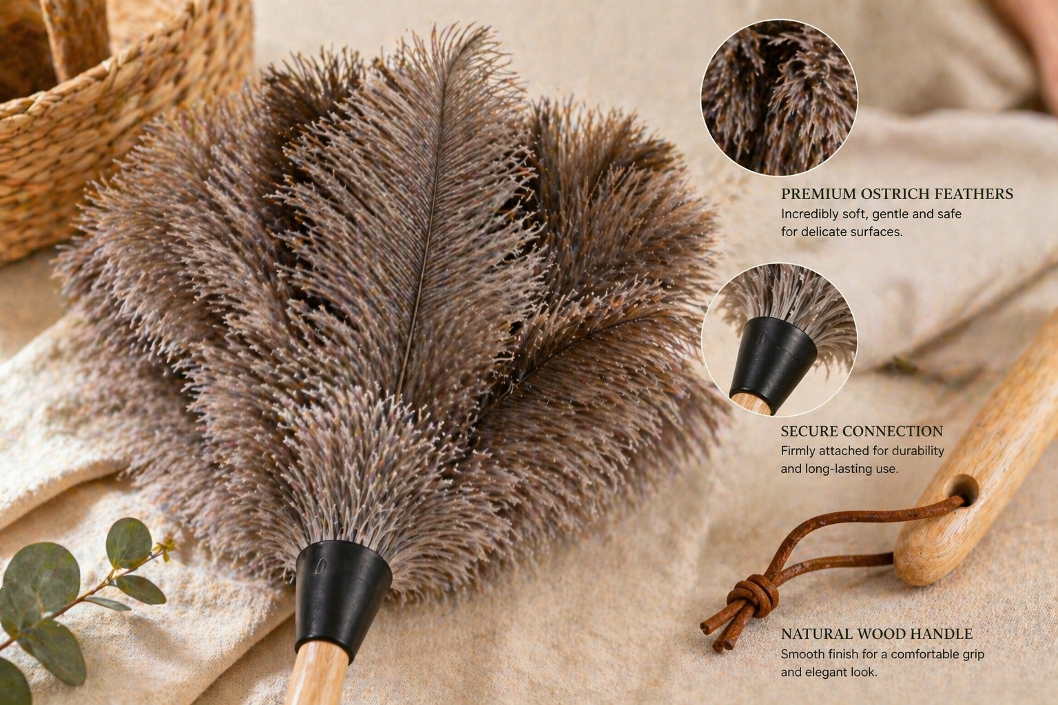 Ostrich feather duster with natural wood handle on a beige background