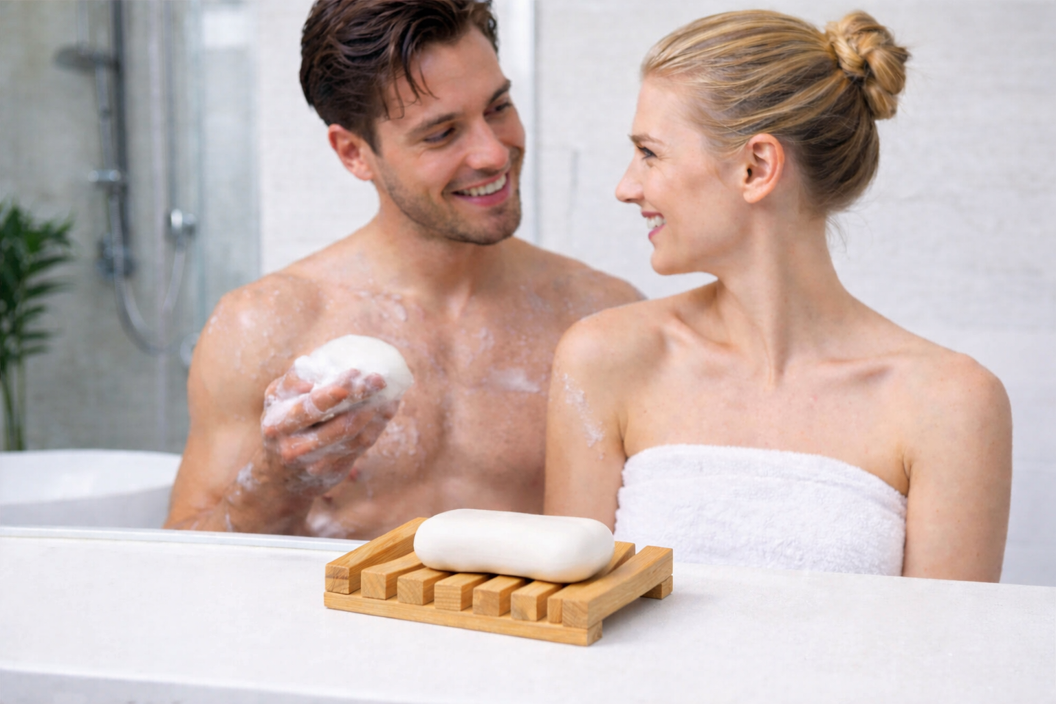 Man and woman in a bathtub with soap and a wooden soap dish.