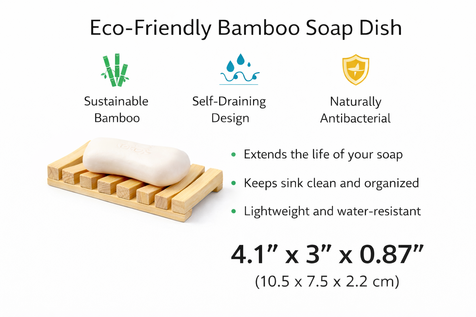 Eco-friendly bamboo soap dish with a bar of soap on a white background, featuring sustainability benefits.