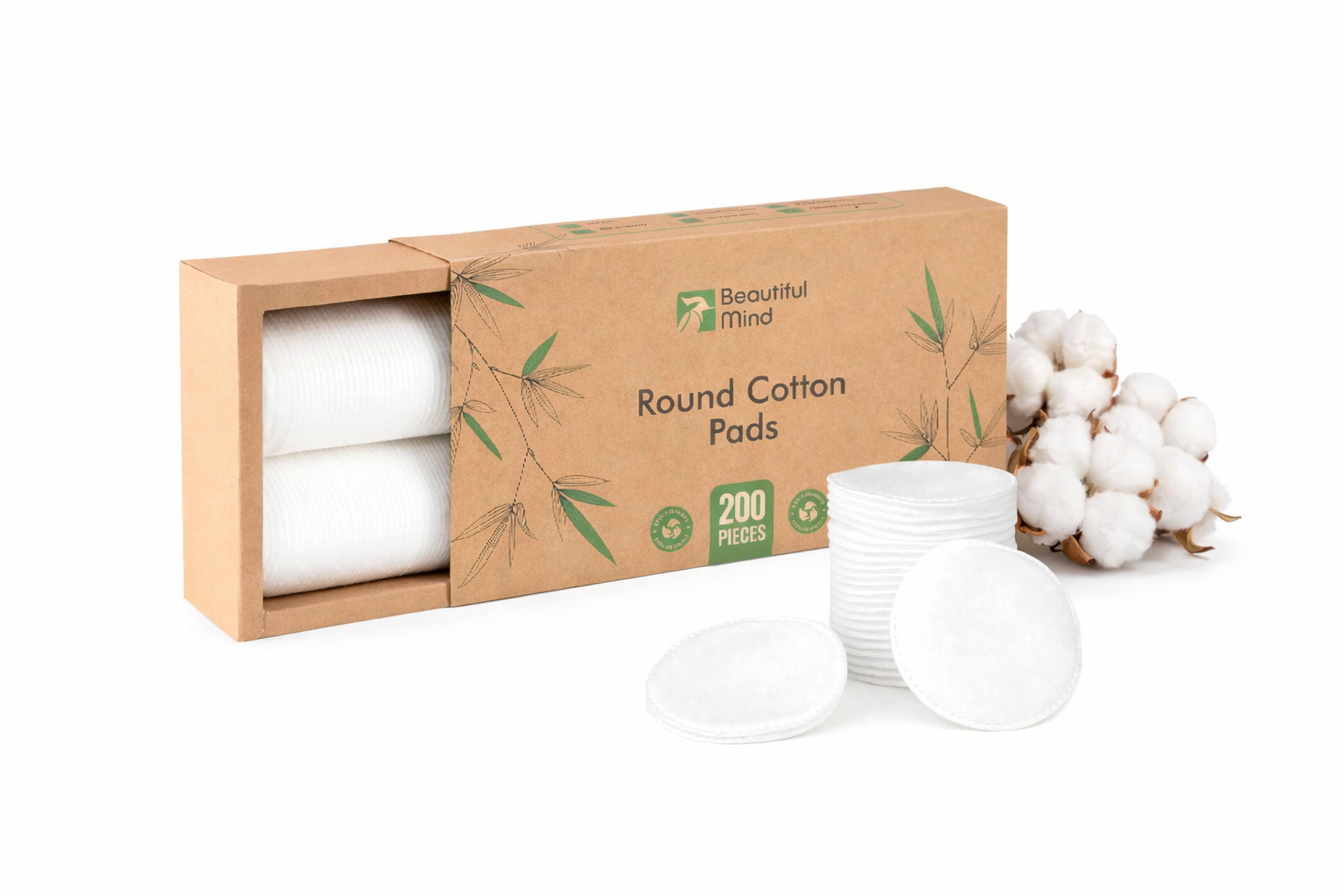 Box of round cotton pads with a visible brand logo on a white background