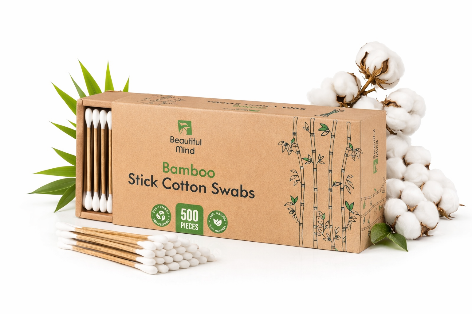 Box of Bamboo Stick Cotton Swabs with cotton buds and cotton plants on a white background