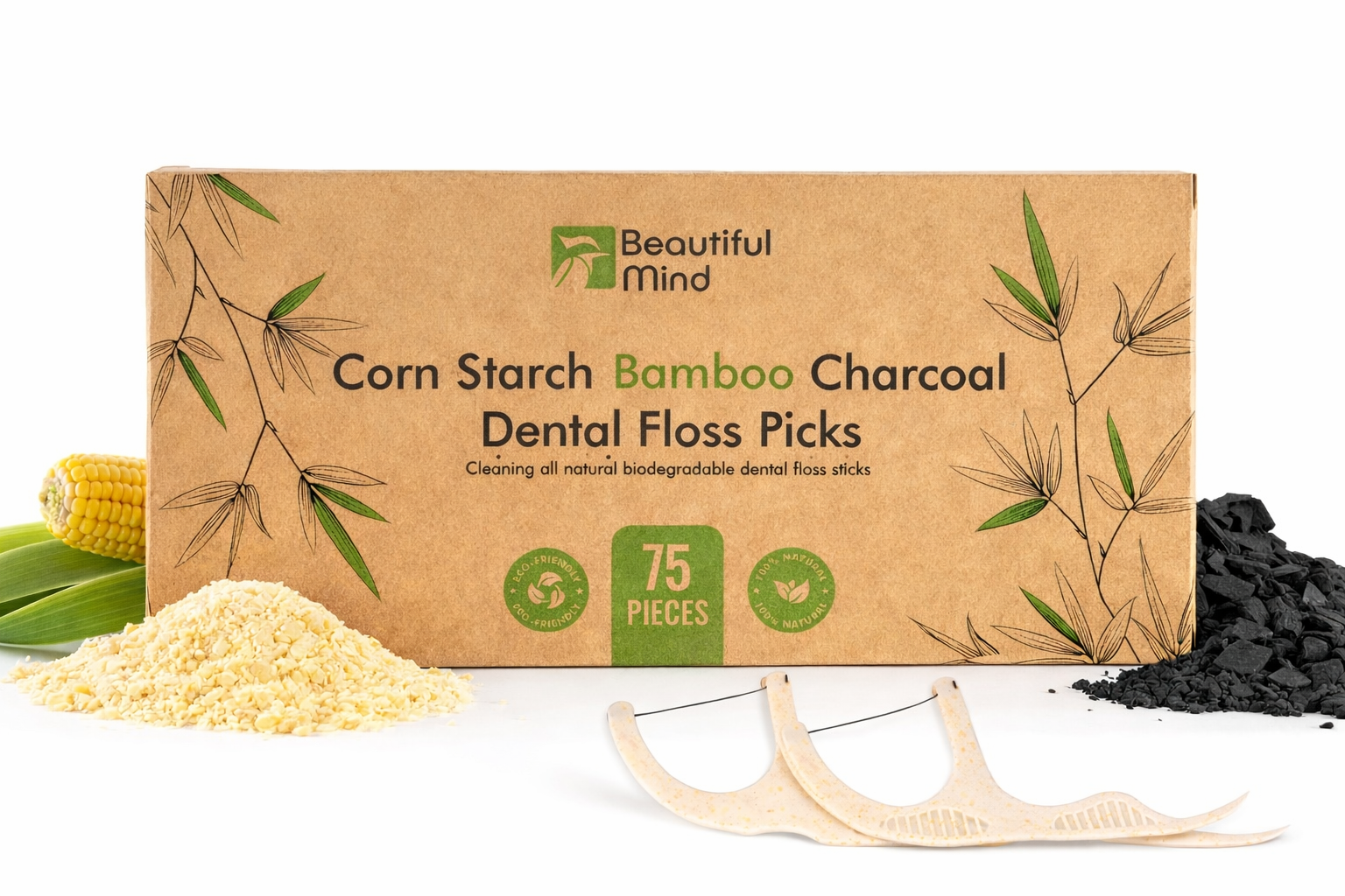 Box of Beautiful Mind corn starch bamboo charcoal dental floss picks with floss and ingredients on a white background