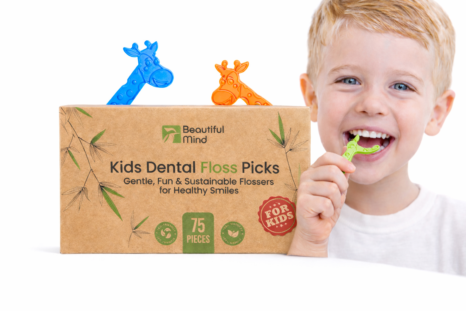 Child holding dental floss picks with a box labeled 'Beautiful Minds Kids Dental Floss Picks' on a white background.
