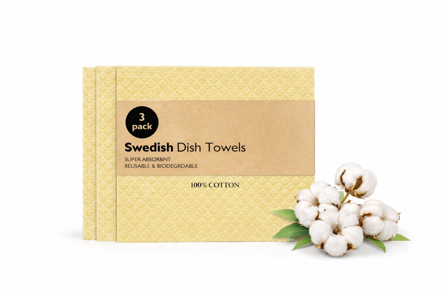 Box of Swedish Dish Towels with cotton plants on a white background