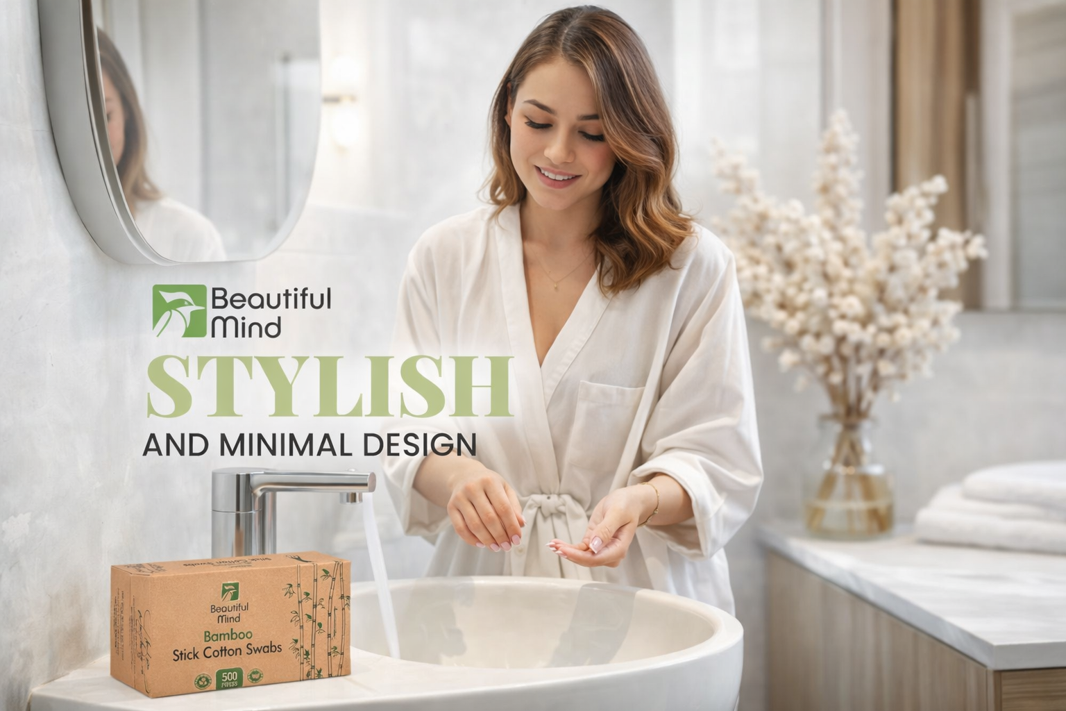 Woman in a white robe washing her hands in a bathroom with 'Beautiful Mind' branding.