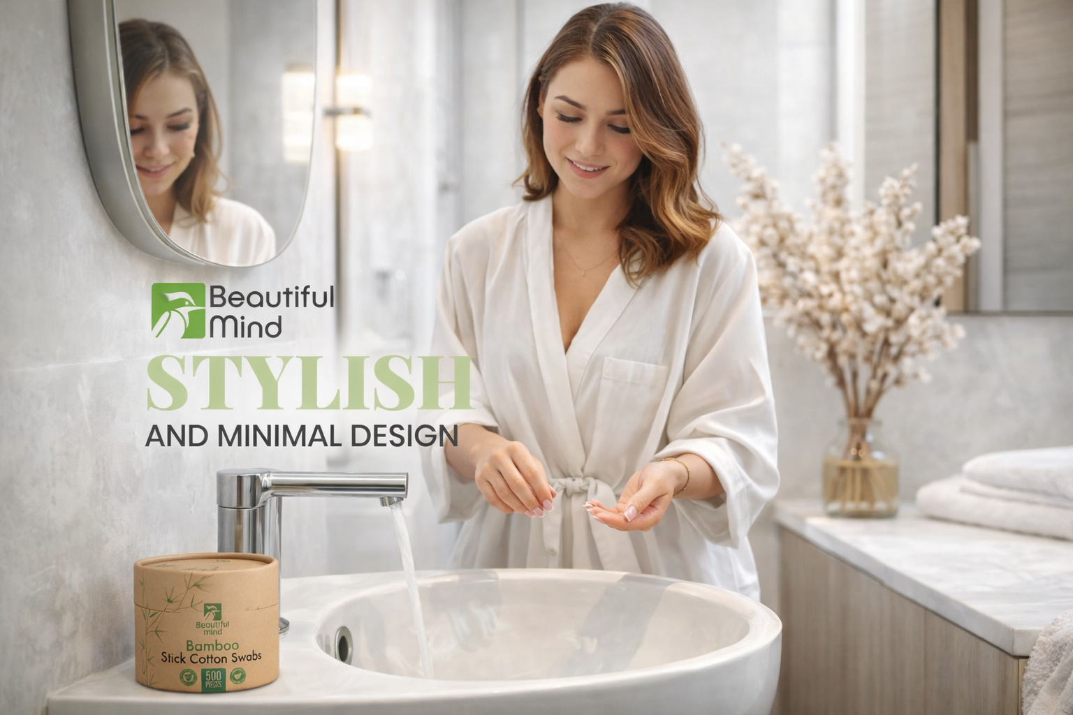Woman in a bathroom with a 'Beautiful Mind' product displayed.