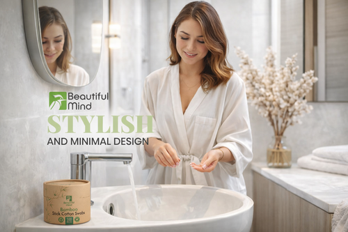 Woman in a bathroom with a 'Beautiful Mind' product displayed.