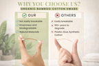 Comparison chart of organic bamboo cotton swabs versus others, with hands holding swabs.