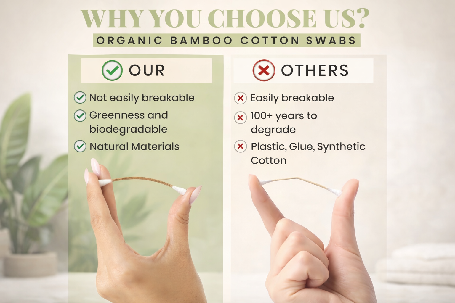 Comparison chart of organic bamboo cotton swabs versus others, with hands holding swabs.
