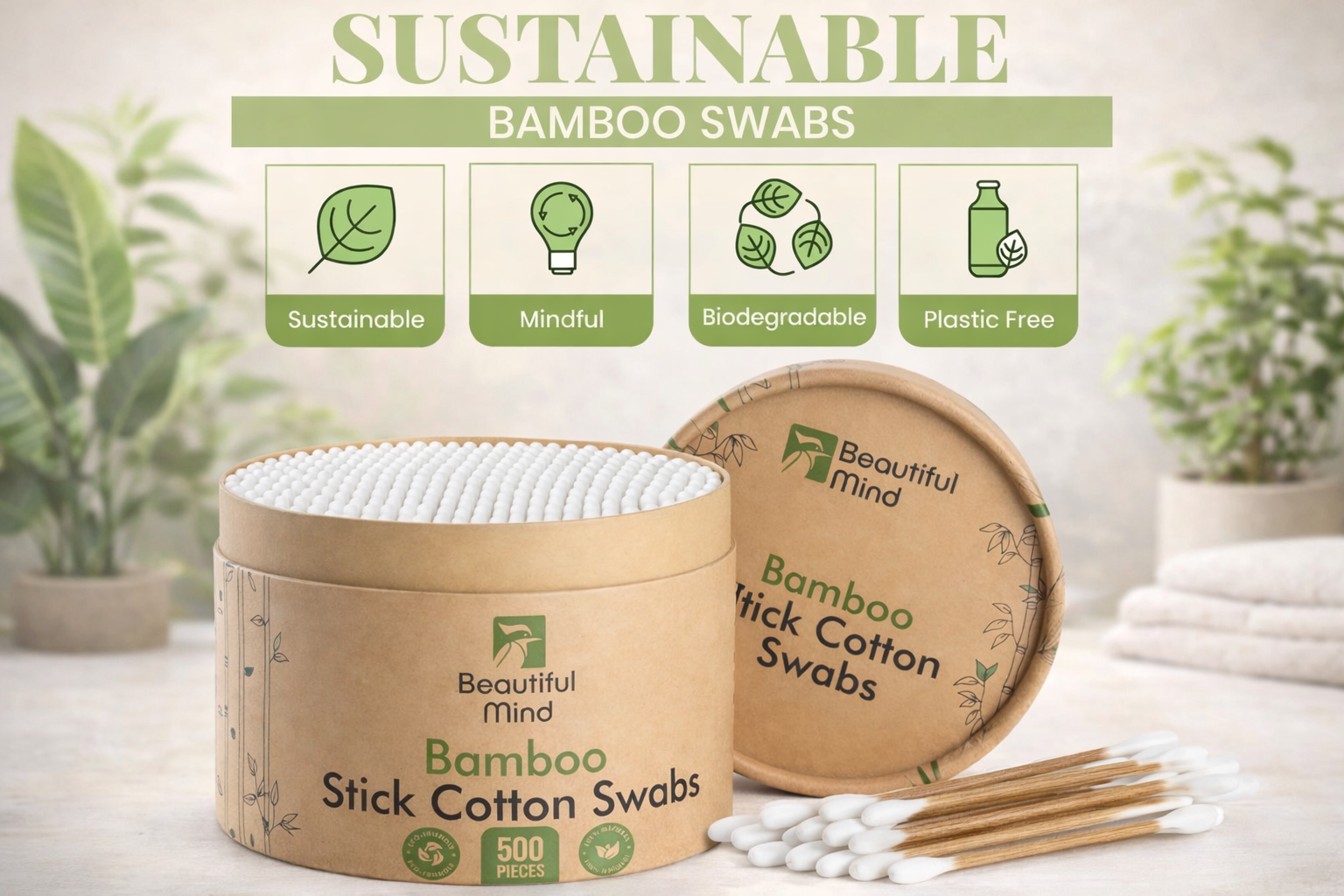 Bamboo cotton swabs in a cardboard container with sustainability benefits highlighted.