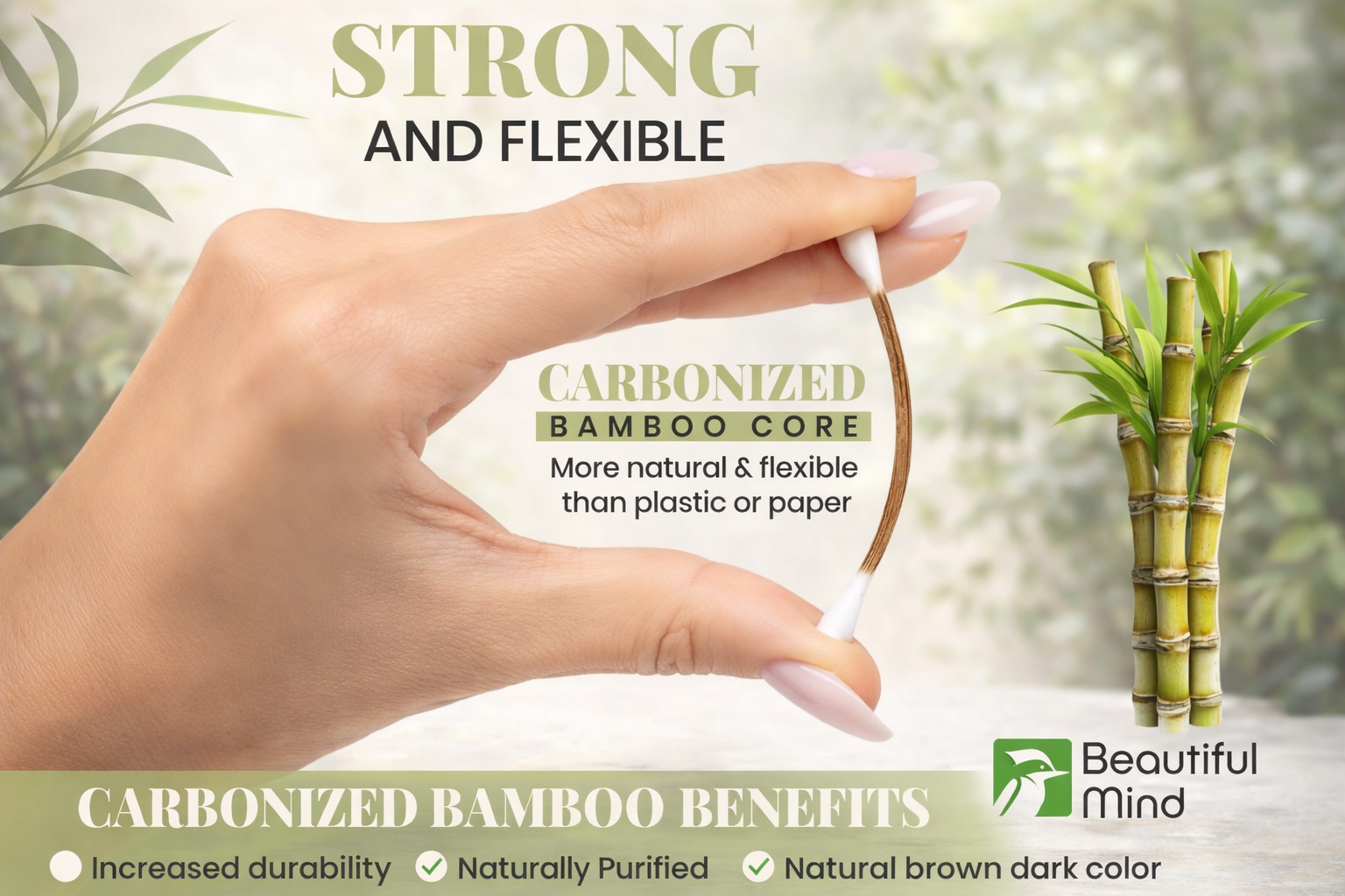 Hand holding a product with carbonized bamboo core, surrounded by bamboo plants and text highlighting benefits.