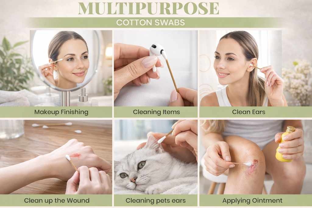 Collage of a woman using cotton swabs for various purposes including makeup finishing, cleaning items, cleaning ears, cleaning wounds, cleaning pets' ears, and applying ointment.