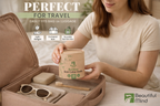 Woman holding a bamboo product with travel accessories in an open suitcase, featuring 'Beautiful Mind' branding.