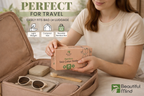 Woman holding a box of Bamboo Stick Cotton Swabs next to an open suitcase with travel items, featuring 'Beautiful Mind' brand.