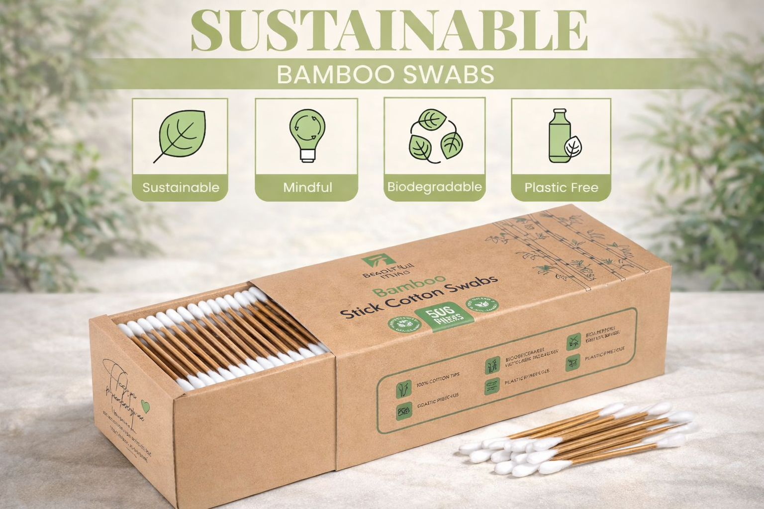 Box of sustainable bamboo swabs with green icons indicating sustainability features.