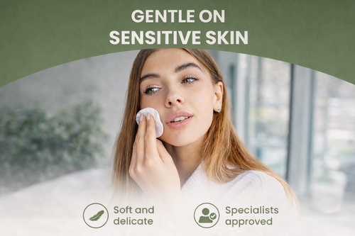 Woman cleaning her face with a cloth, with text 'Gentle on Sensitive Skin' and icons indicating softness and approval.