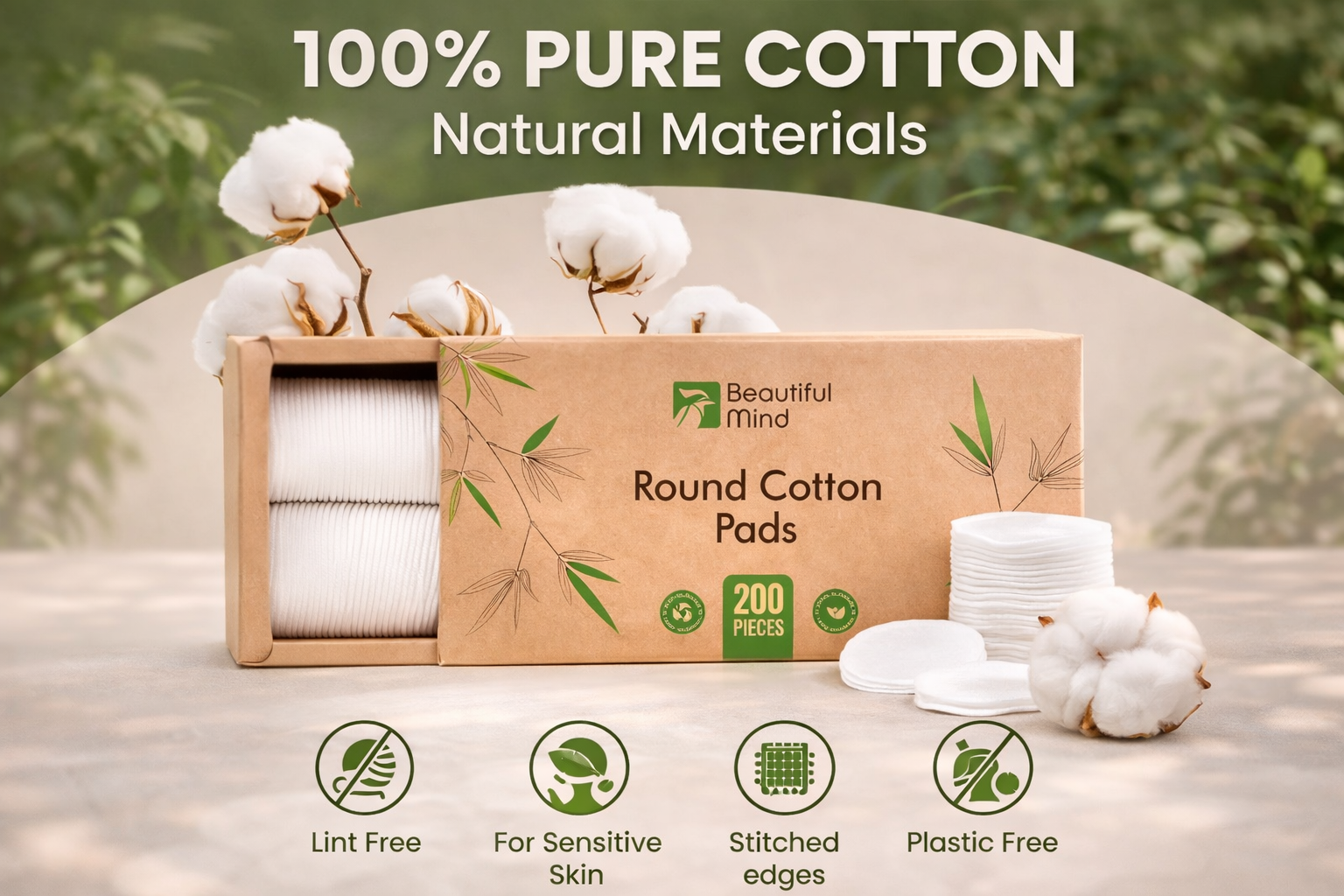 Box of round cotton pads with cotton plants and 'Beautiful Mind' branding on a natural background.