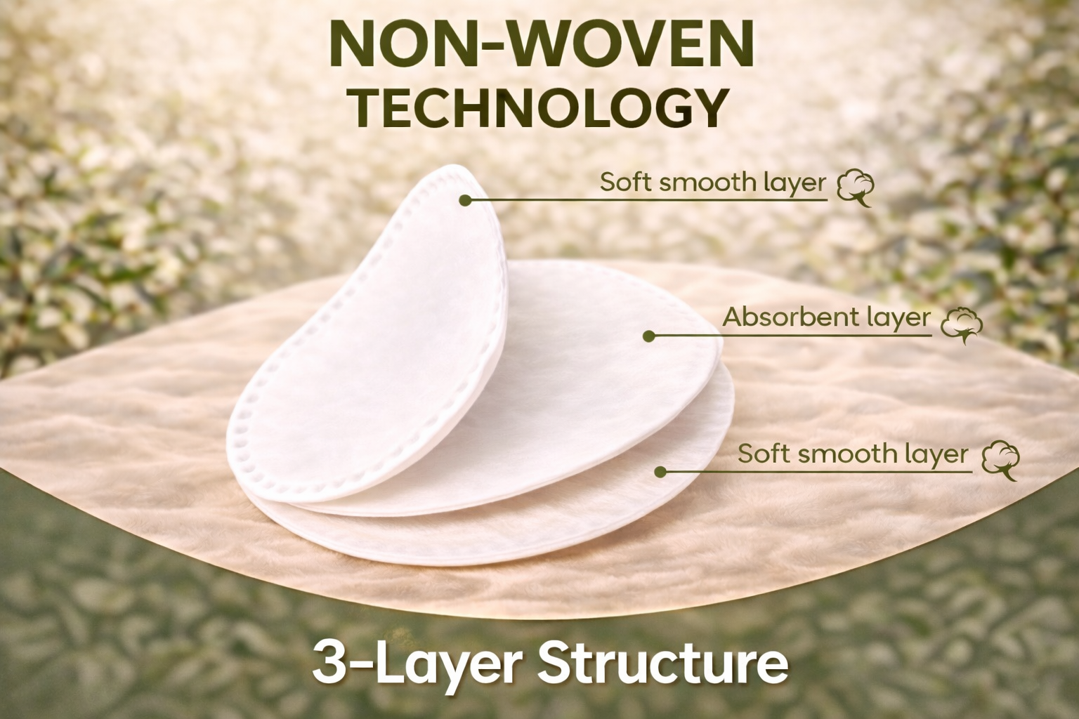 Layers of non-woven material with text explaining 'Non-Woven Technology' and '3-Layer Structure'.