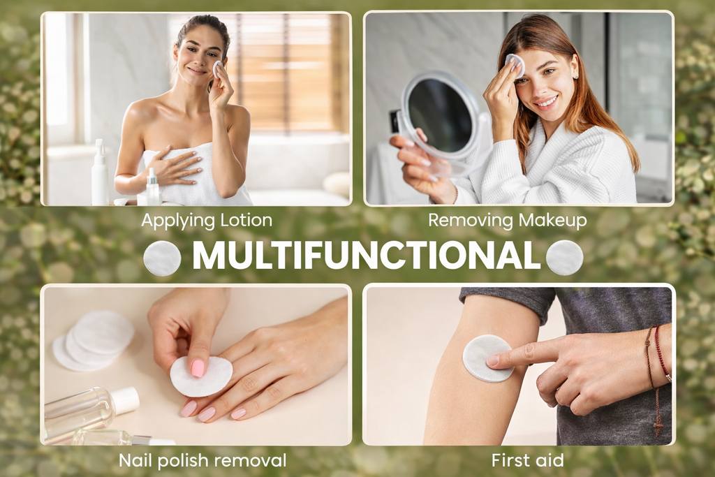 Multifunctional product being used for applying lotion, removing makeup, nail polish removal, and first aid.