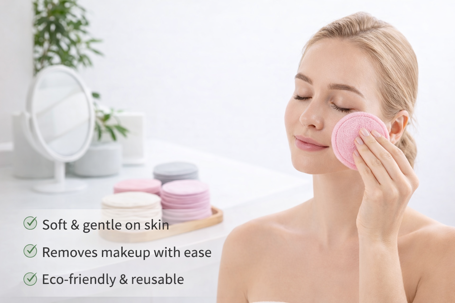 Woman using a pink reusable makeup wipe with text highlighting benefits on a blurred bathroom background