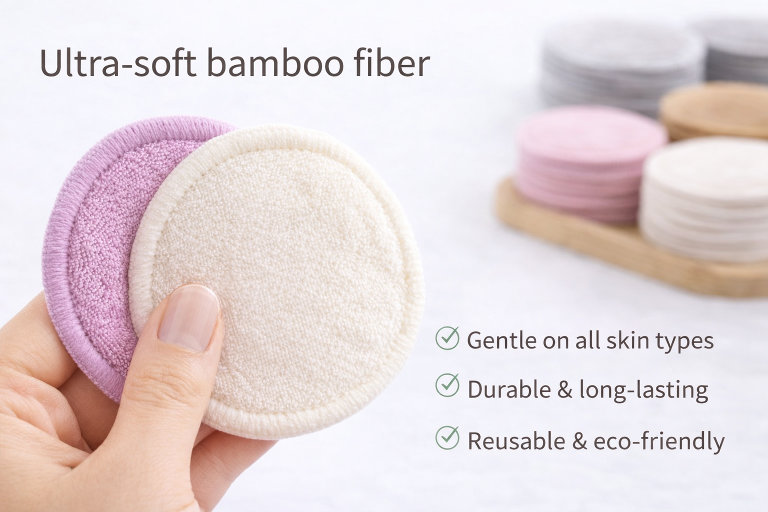 Hand holding a round, ultra-soft bamboo fiber pad with text highlighting its benefits.