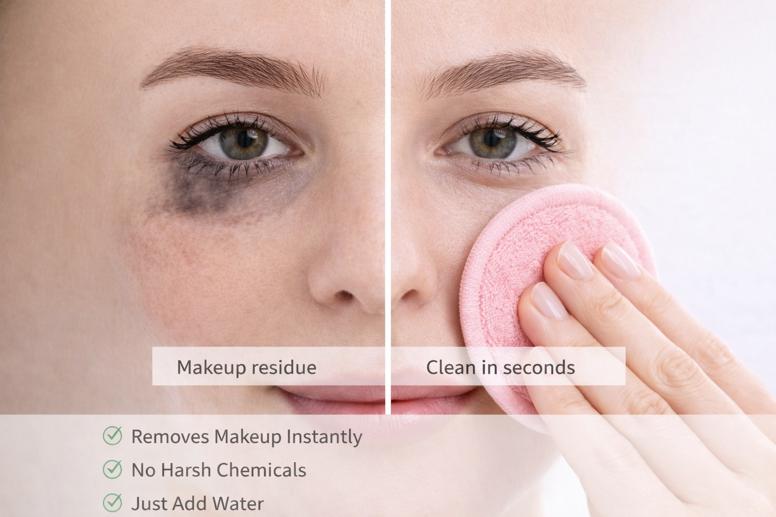Before and after comparison of makeup removal with a pink cleaning pad.