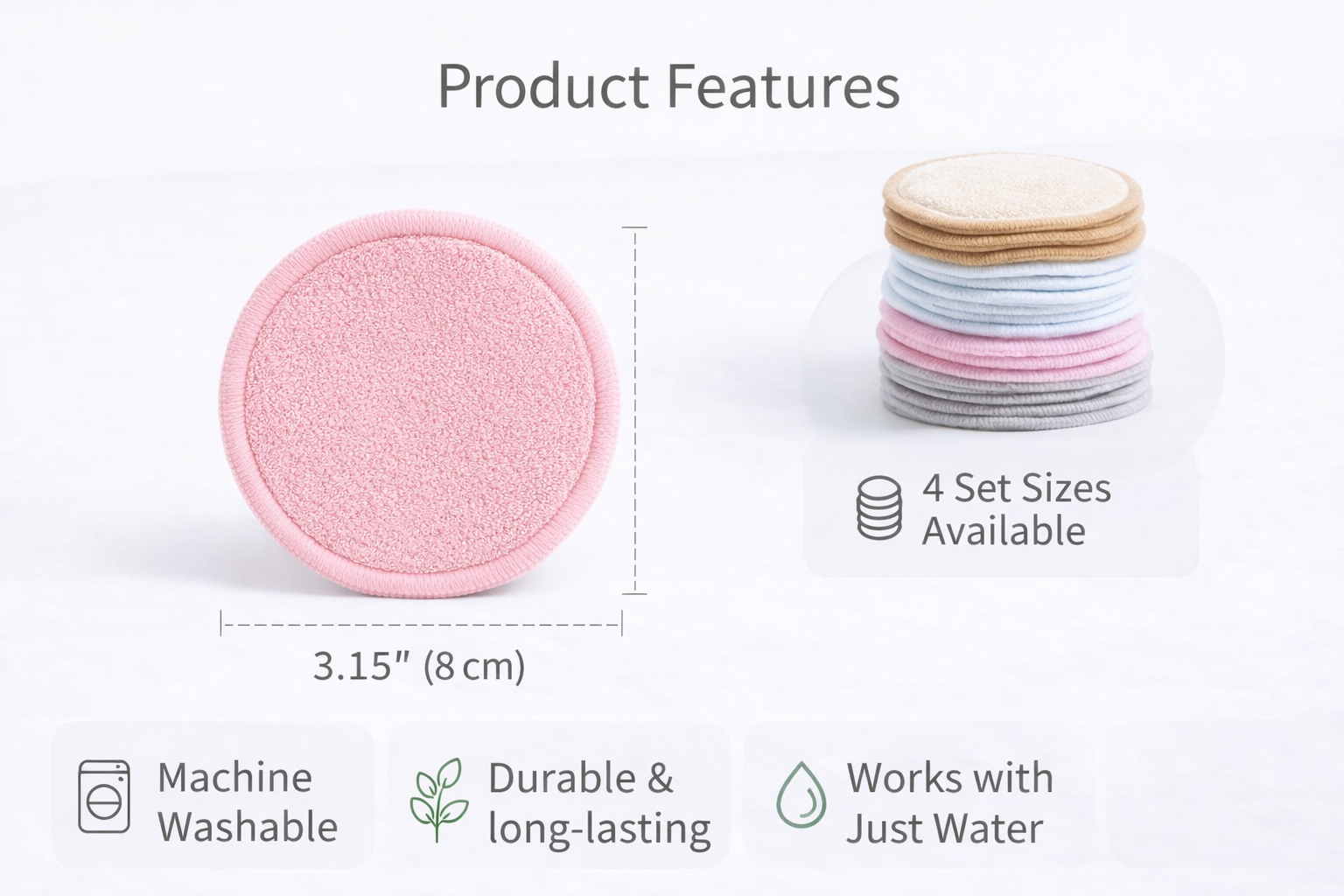 Product features of round pink cleaning pad with text on a white background