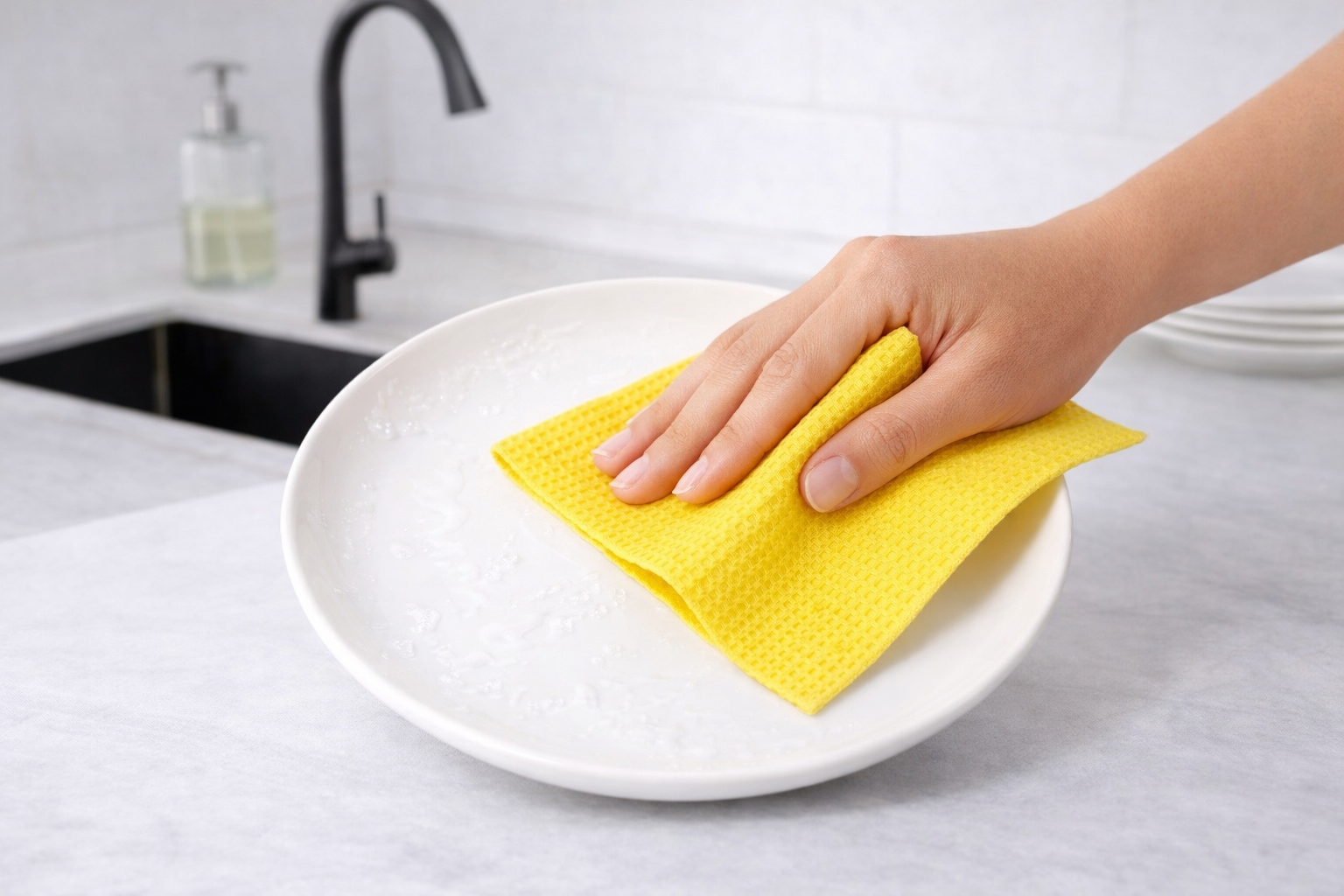 Person cleaning a white plate with a yellow cloth on a kitchen counter.