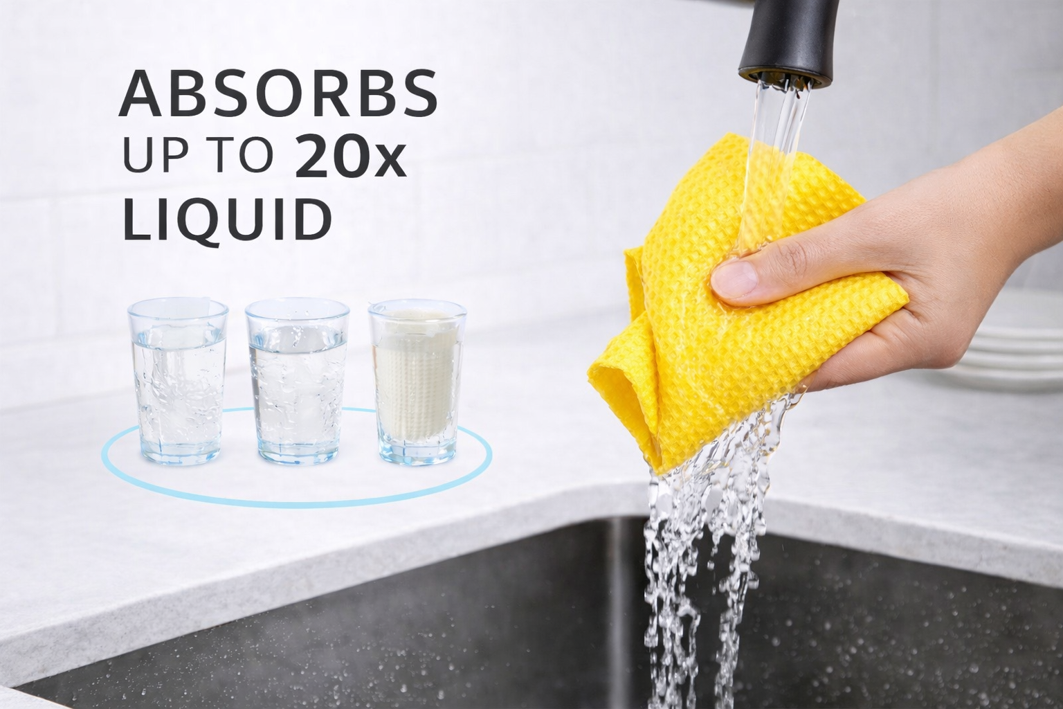 Yellow towel absorbing water from a faucet with text indicating absorption capacity.