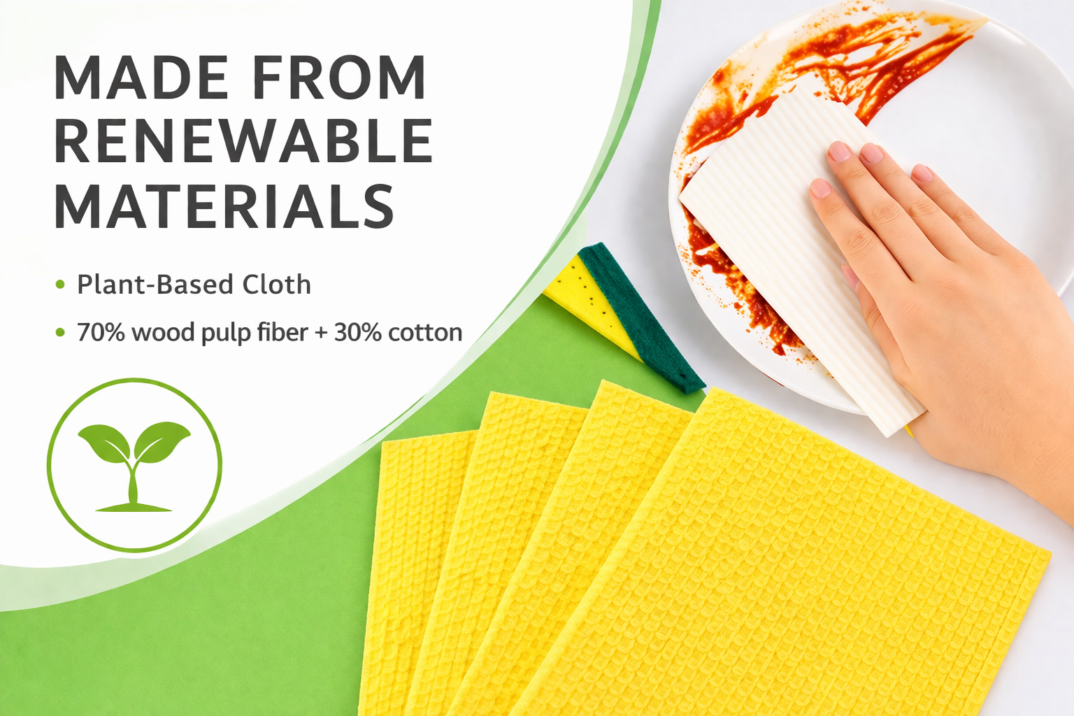 Yellow sponges with a hand using them to clean a plate, labeled as made from renewable materials.