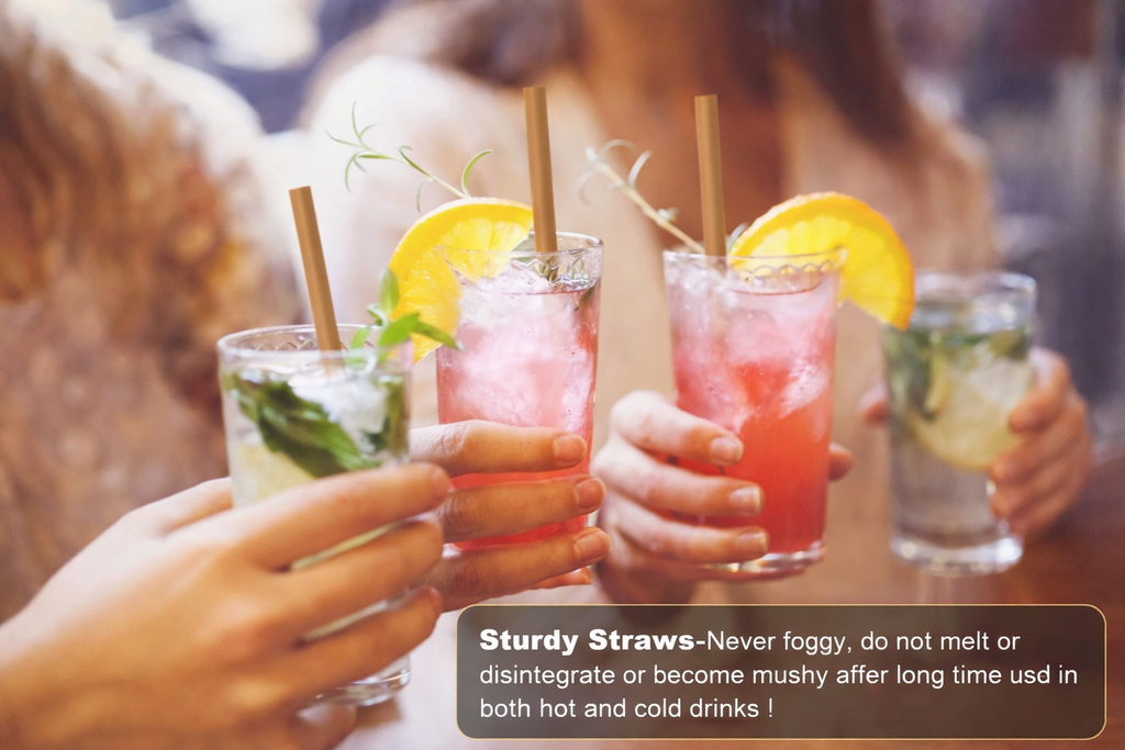 People holding drinks with straws in a social setting, with a focus on Sturdy Straws product.