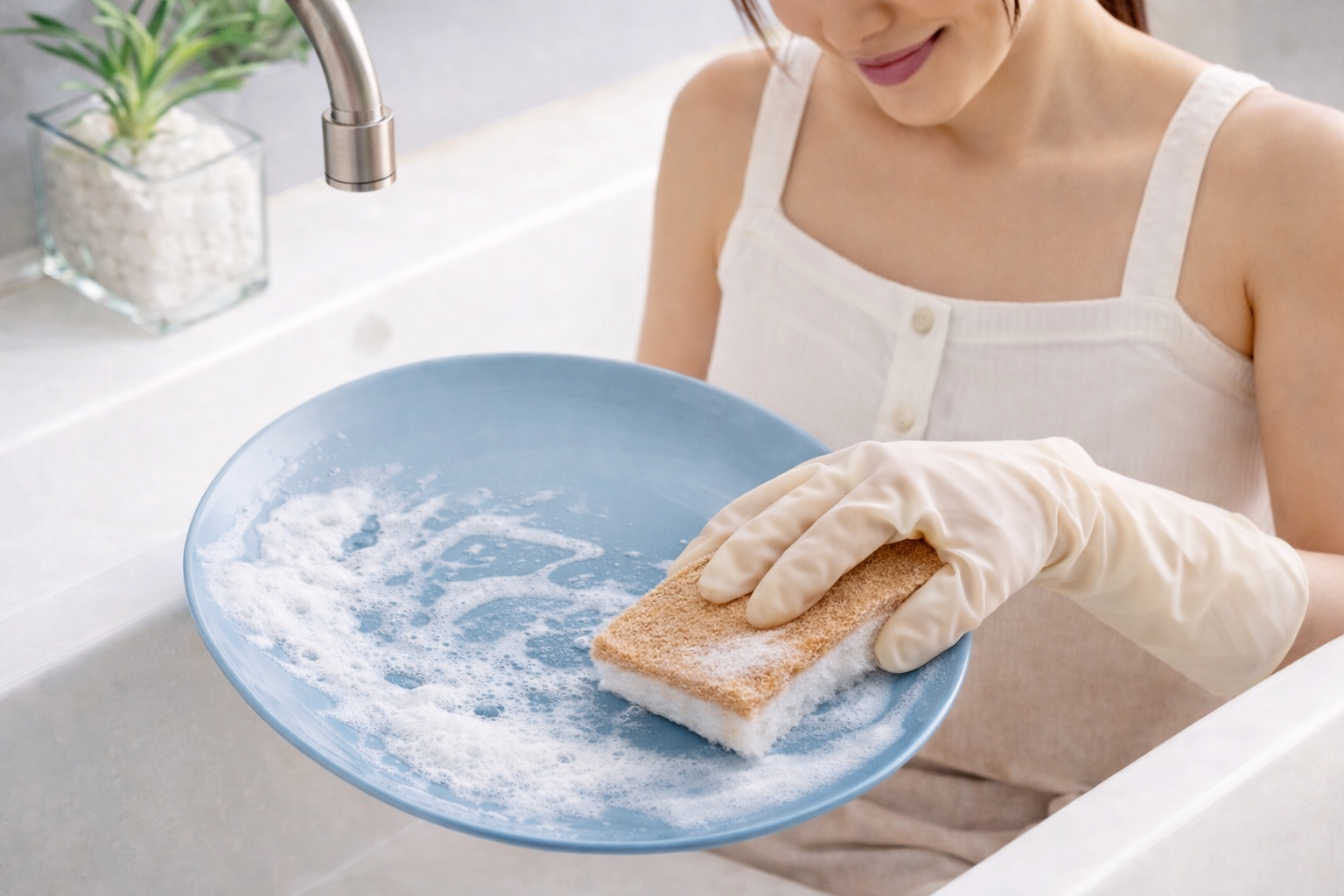 Person cleaning a blue plate with a sponge in a kitchen sink.