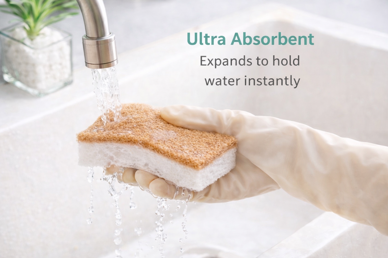 Hand holding an ultra-absorbent product under running water in a sink.