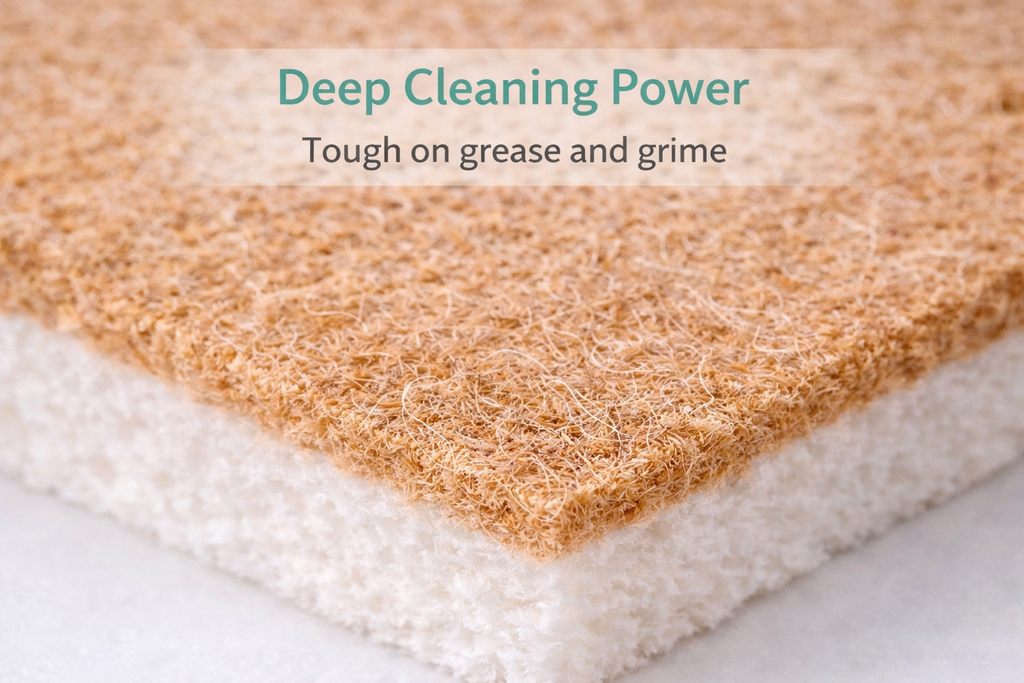 Close-up of a scrubber with text 'Deep Cleaning Power' and 'Tough on grease and grime' on a light background.