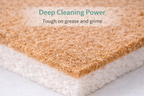 Close-up of a scrubber with text 'Deep Cleaning Power' and 'Tough on grease and grime' on a light background.