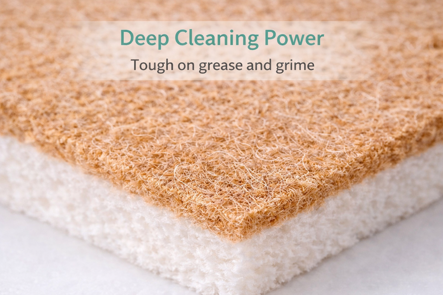 Close-up of a scrubber with text 'Deep Cleaning Power' and 'Tough on grease and grime' on a light background.