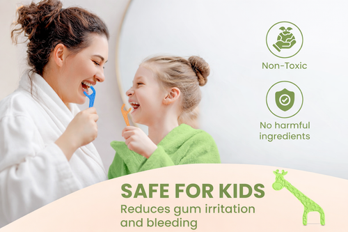 Woman and child brushing teeth together with dental tools, promoting safety for kids.