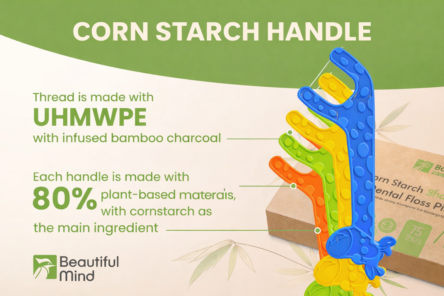 Corn starch handles with colorful design on a green and beige background, featuring information about their material composition.
