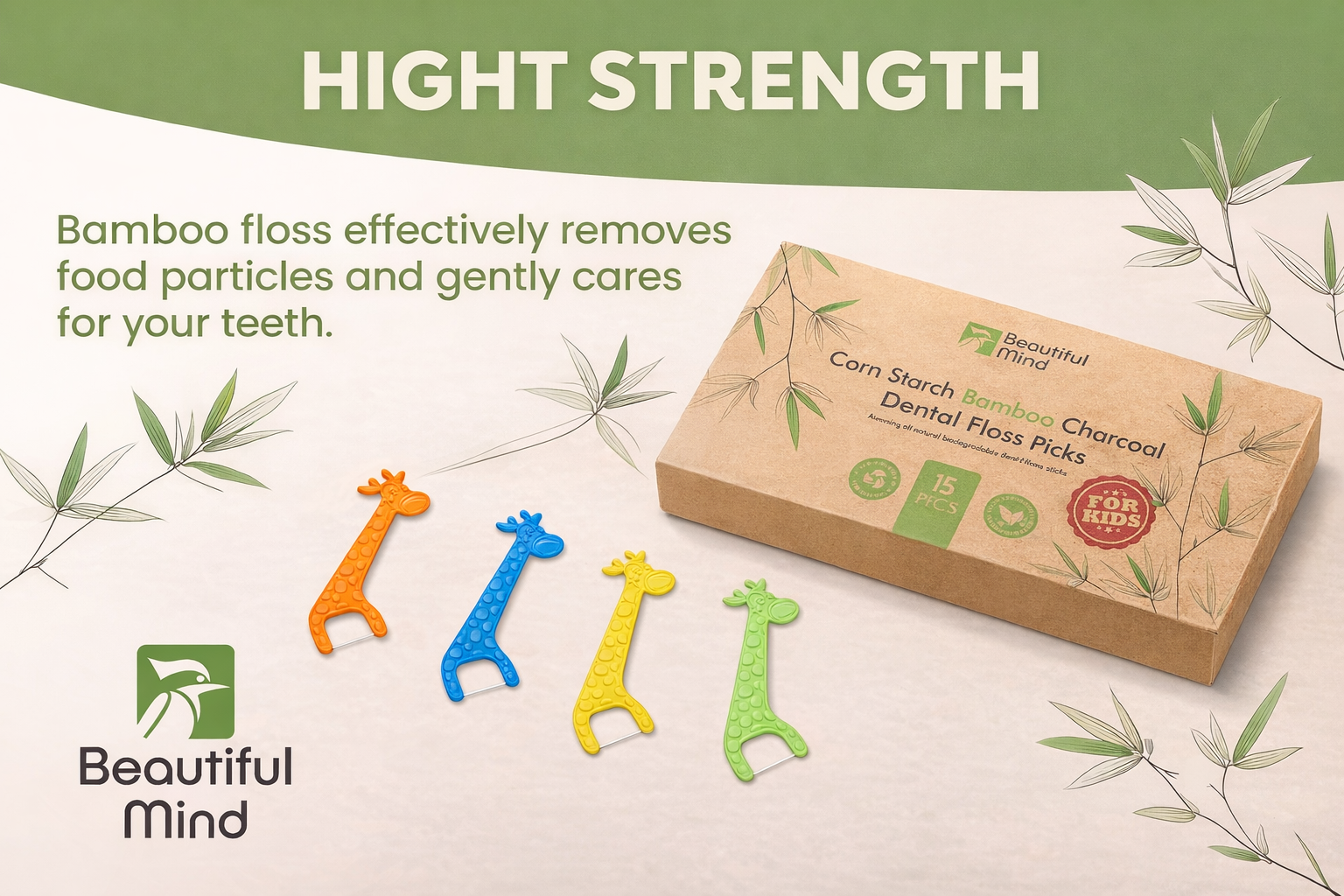 Box of colorful bamboo dental floss picks with promotional text about their effectiveness.
