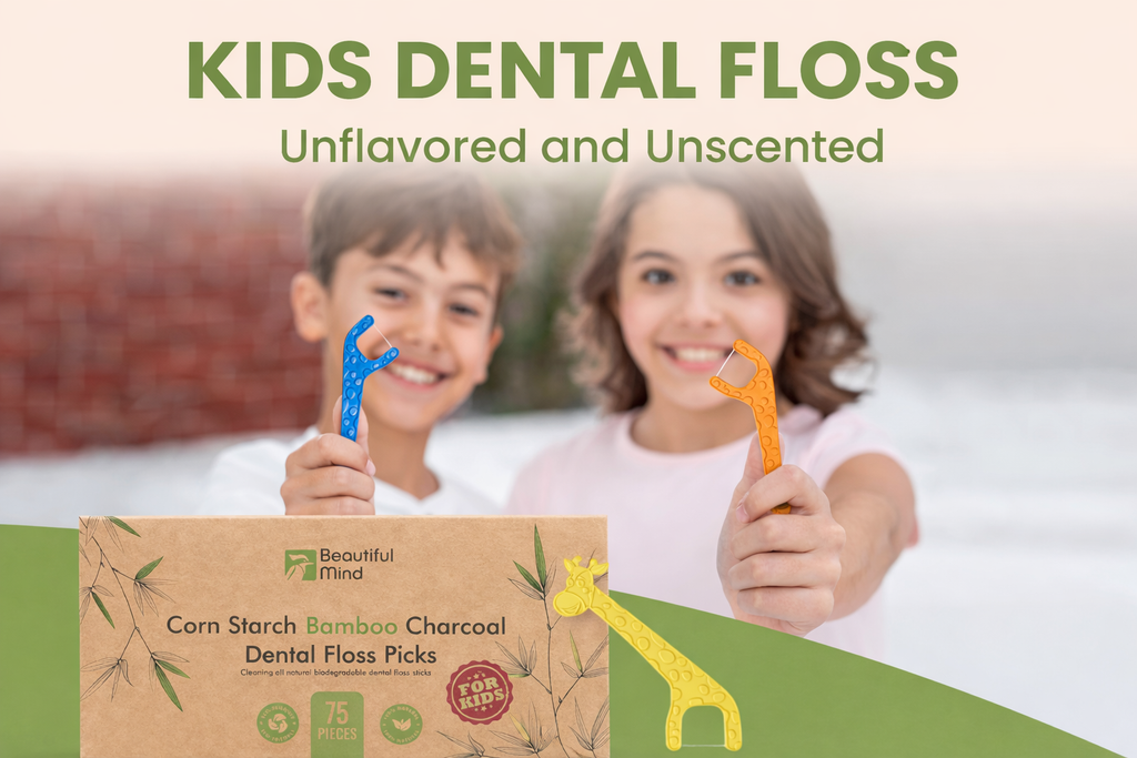 Two children holding dental floss picks with a box labeled 'Beautiful Mind' in the foreground.