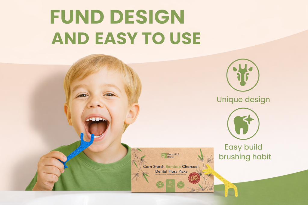 Child using dental floss with a packaging box labeled 'Fund Design' and 'Easy to Use'.