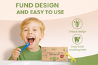 Child using dental floss with a packaging box labeled 'Fund Design' and 'Easy to Use'.