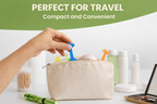 Hand placing travel-sized products into a compact bag with text 'Perfect for Travel, Compact and Convenient' on a white background.