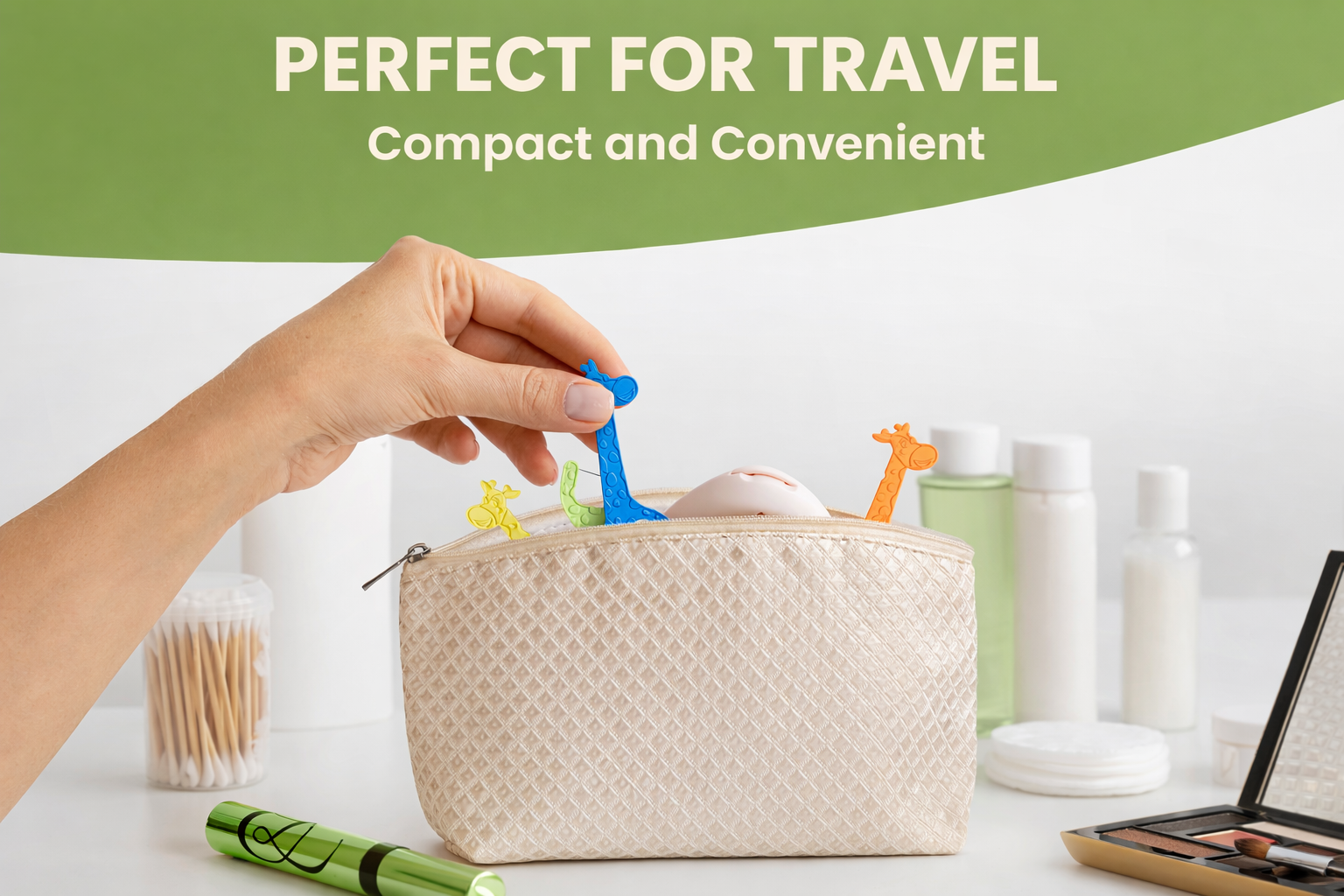 Hand placing travel-sized products into a compact bag with text 'Perfect for Travel, Compact and Convenient' on a white background.