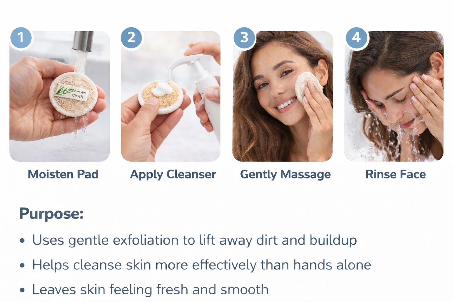 Step-by-step guide on using a facial cleansing pad with images and text.