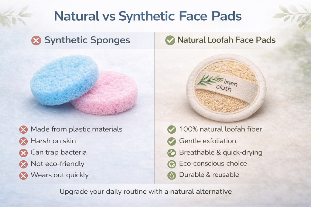Comparison chart of synthetic face pads and natural loofah face pads with text highlighting benefits and drawbacks.