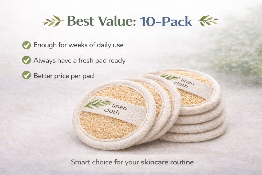 10-pack of linen pads with branding and text on a neutral background