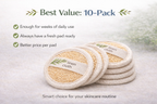 10-pack of linen pads with branding and text on a neutral background