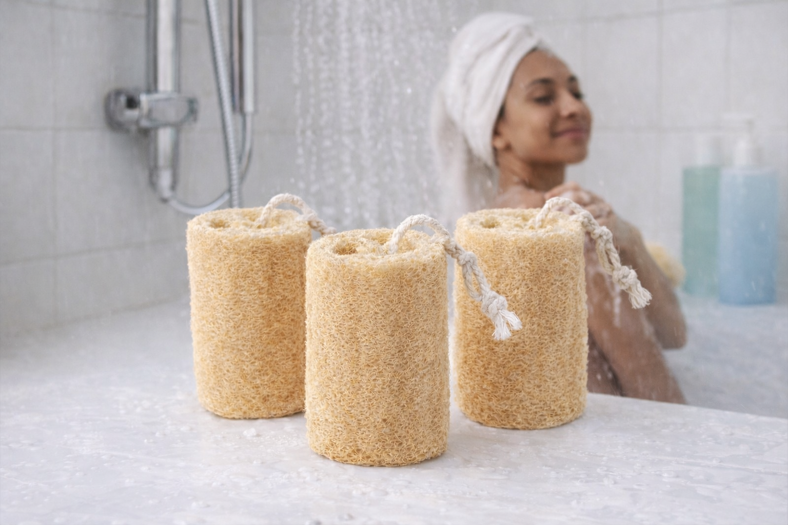 Three loofah sponges on a bathtub ledge with a person in the background.